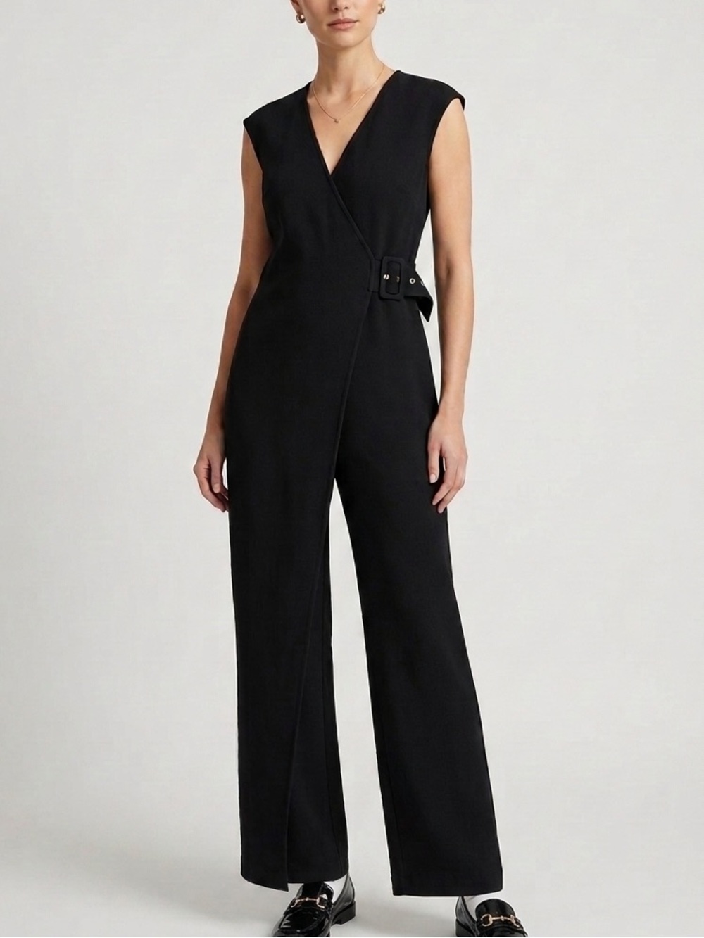 Sfera Madrid Black Wrap Front Jumpsuit Buckle Waist Small-Medium
